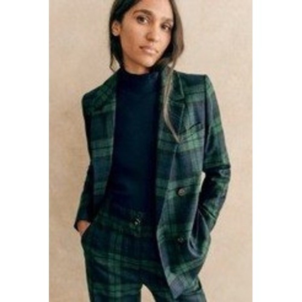 Sezane Christie Jacket Double-Breasted Blazer Jacket Navy Tartan 34 US 2